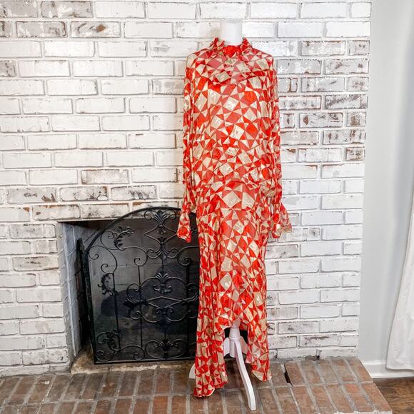 Preen by Thorton Bregazzi Circus Asymmetric Printed Devore Satin Silk Dress L - Picture 4 of 15